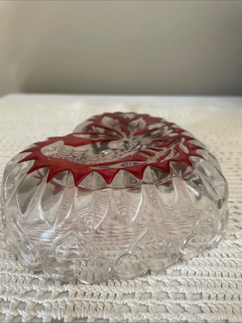 Clear Heart-Shaped Pressed Glass Dish with Bird motif - west Germany origin